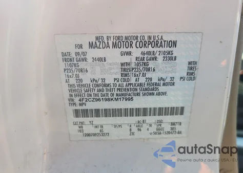 2008 Mazda Tribute S from USA, damaged, VIN 4F2CZ96198KM17995